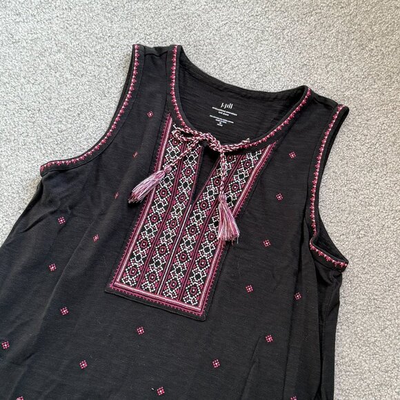 J. Jill Black Embroidered Sleeveless Knit Shift Dress Tassel Tie Summer MEDIUM - Picture 3 of 5